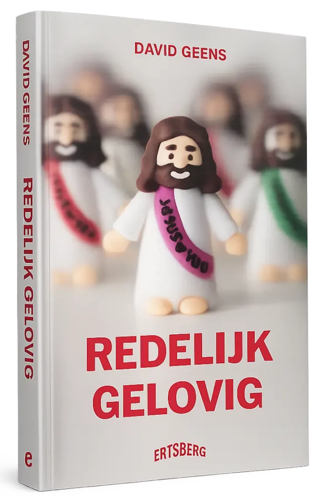 Front cover of a book featuring a clay Jesus figure in a white robe with a pink sash and bold red title 'REDELIJK GELOVIG' by David Geens.