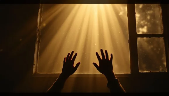 Silhouetted hands reaching toward a sunlit window with golden rays streaming in, creating a warm, hopeful glow.